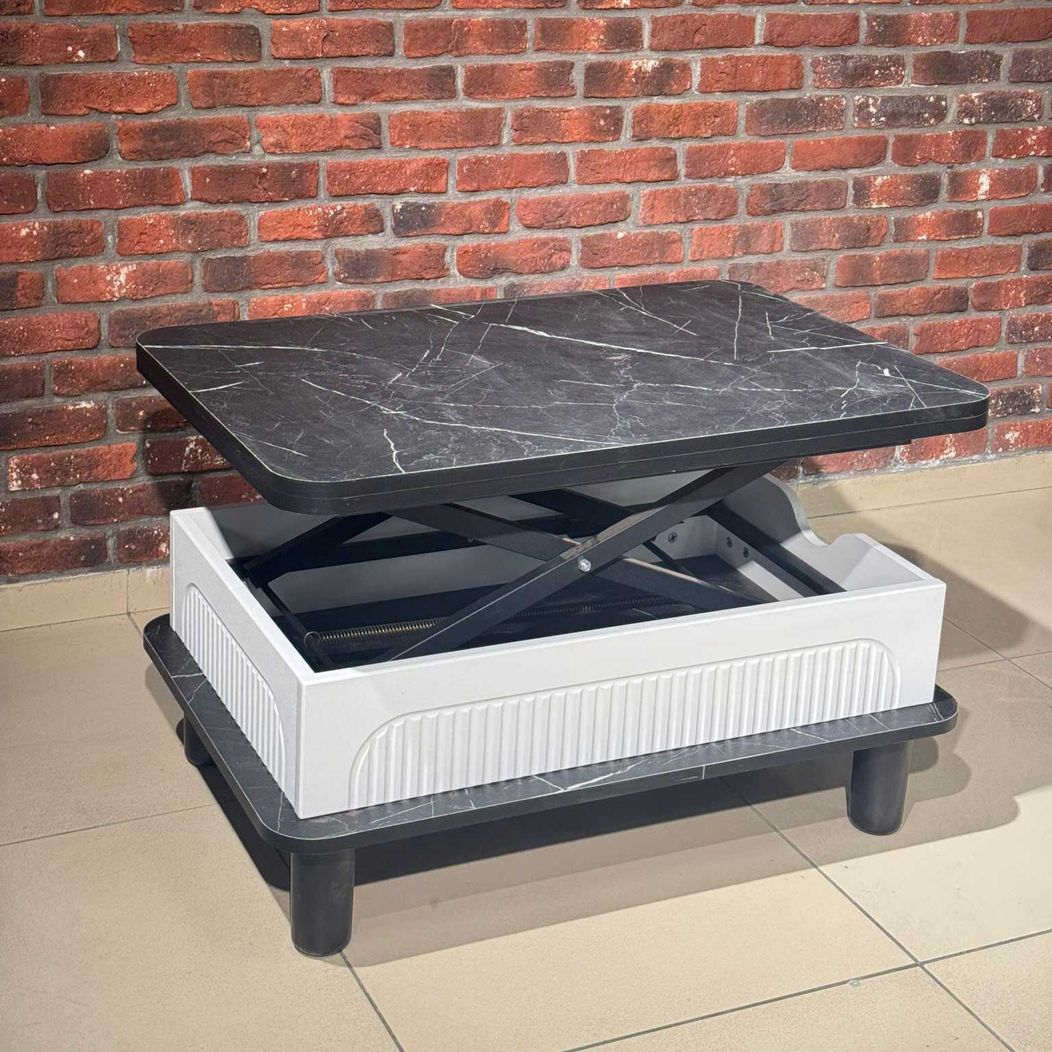 Bohem Kademeli Sihirli Akıllı Sehpa Orta Sehpa Siyah Mermer - Beyaz