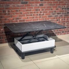 Bohem Kademeli Sihirli Akıllı Sehpa Orta Sehpa Siyah Mermer - Beyaz